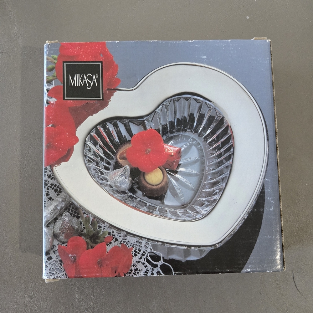 Mikasa Heart-Shaped Silver and Clear Glass Dish
